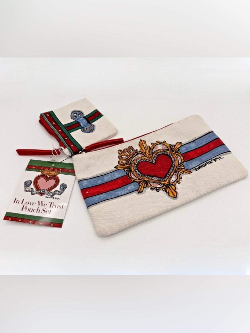 BRIGHTON, IN LOVE WE TRUST, Heart Stripe Zipper Pouch Set of 2 by Tom Clancy NWT - Picture 6 of 9